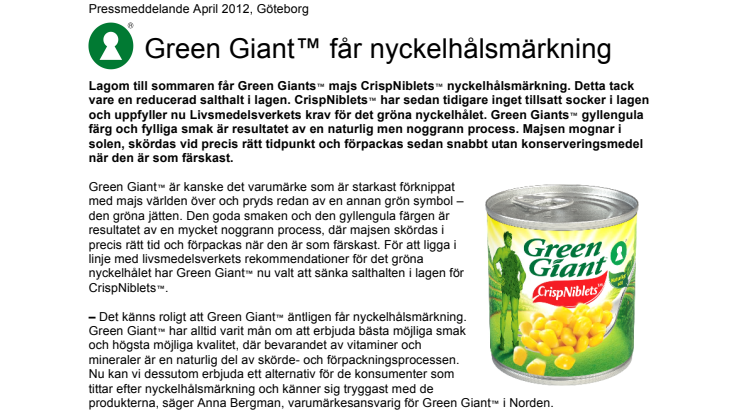  Green Giant™ får nyckelhålsmärkning 