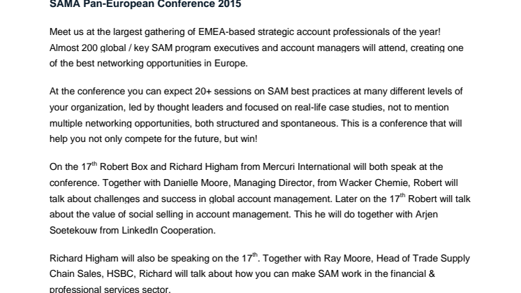 Largest gathering of EMEA-based strategic account professionals - SAMA Conference in March