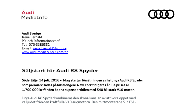 Säljstart för Audi R8 Spyder