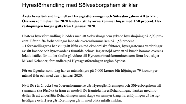 ​Hyresförhandling med Sölvesborgshem är klar