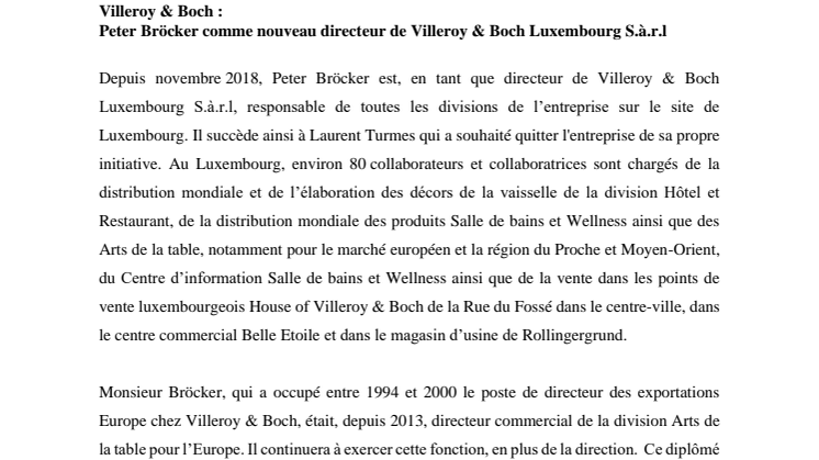 Villeroy & Boch : Peter Bröcker comme nouveau directeur de Villeroy & Boch Luxembourg S.à.r.l