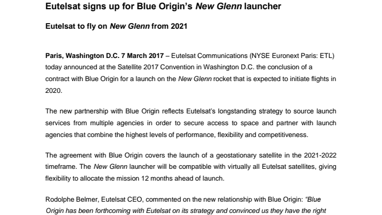 Eutelsat signs up for Blue Origin’s New Glenn launcher