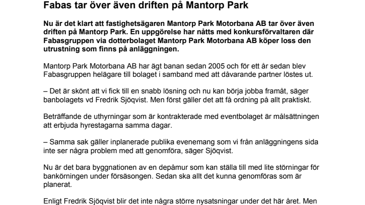 Fabas tar över även driften på Mantorp Park