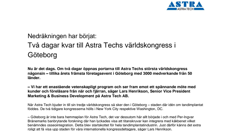 Nedräkningen har börjat: Två dagar kvar till Astra Techs världskongress i Göteborg