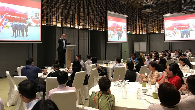 Global Head of Sales, Lars Sande presenting Norwegian to Singapore's travel community