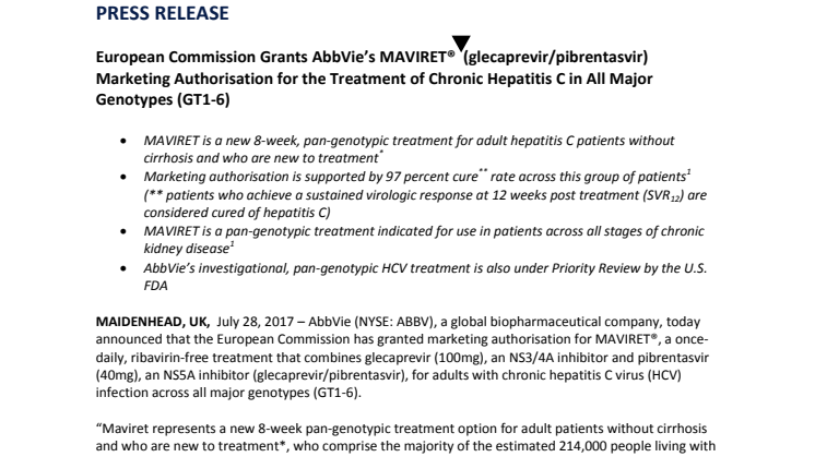 European Commission Grants AbbVie’s MAVIRET® (glecaprevir/pibrentasvir) Marketing Authorisation for the Treatment of Chronic Hepatitis C in All Major Genotypes (GT1-6)