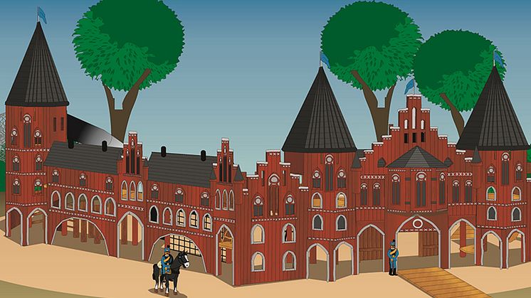 Lekplatsen får specialbyggda attraktioner som följer temat Kvibergs kaserners slottsliknande byggnad. Den ska locka till lek och aktivitet i åldrarna upp till 15 år. Illustration: Cado.