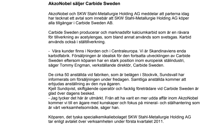 AkzoNobel säljer Carbide Sweden