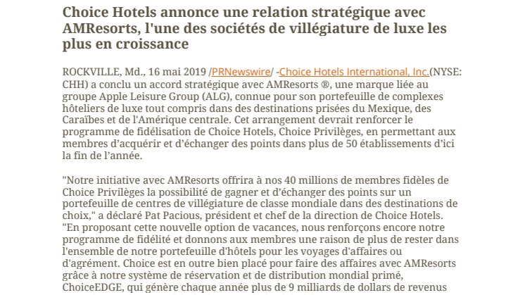 Choice Hotels annonce une relation stratégique avec AMResorts, l'une des sociétés de villégiature de luxe les plus en croissance