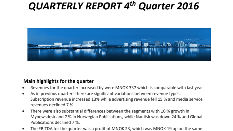 NHST Media Group - Quarterly Report 4th quarter 2016