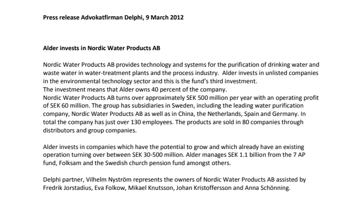 Alder invests Nordic Water Products AB