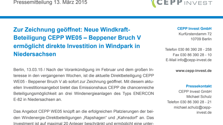 Zur Zeichnung geöffnet: Neue Windkraft-Beteiligung CEPP WE05 – Beppener Bruch V ermöglicht direkte Investition in Windpark in Niedersachsen