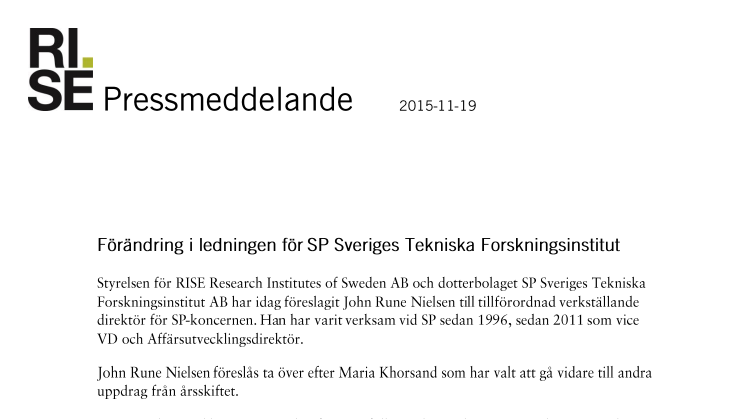 Förändring i ledningen för SP Sveriges Tekniska Forskningsinstitut
