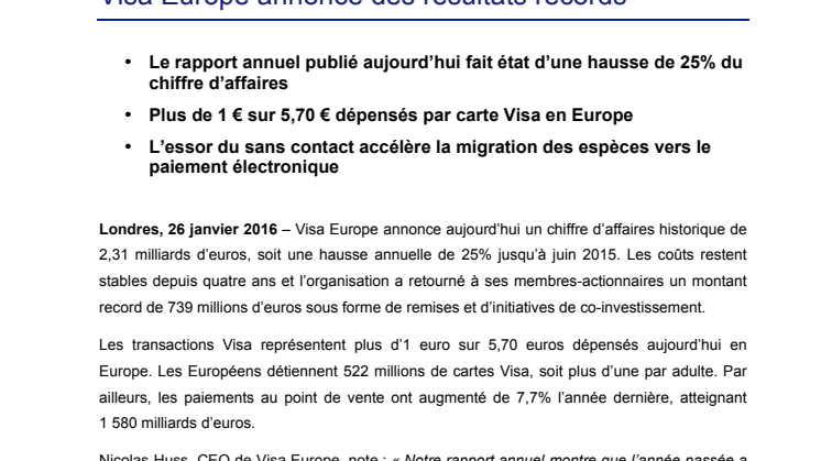 Visa Europe annonce des résultats records