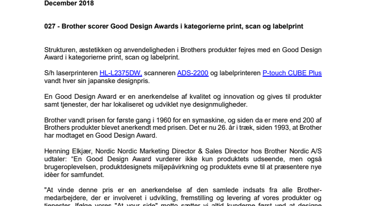Brother scorer Good Design Awards i kategorierne print, scan og labelprint
