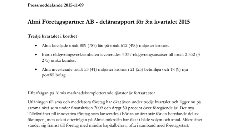 Almi Företagspartner AB - delårsrapport för 3:a kvartalet 2015 