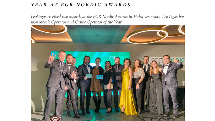 LeoVegas appointed Casino Operator of the Year and Mobile Operator of the Year at EGR Nordic Awards
