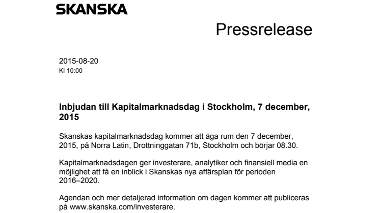 Inbjudan till Kapitalmarknadsdag i Stockholm, 7 december, 2015