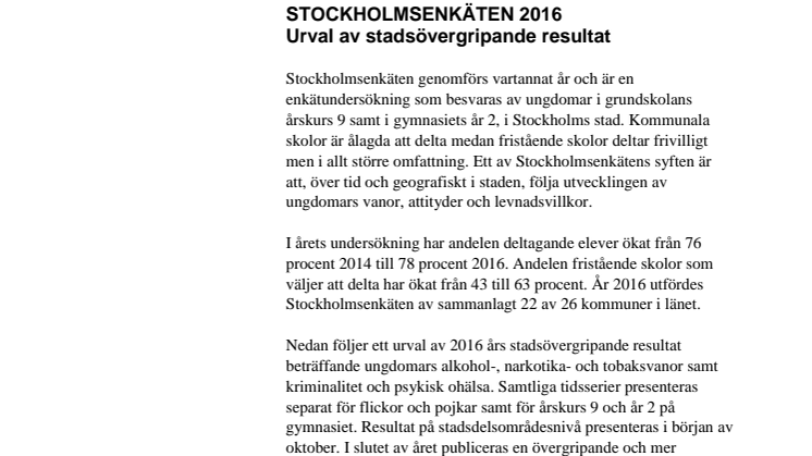 Stadsövergripande resultat Stockholmsenkäten 2016