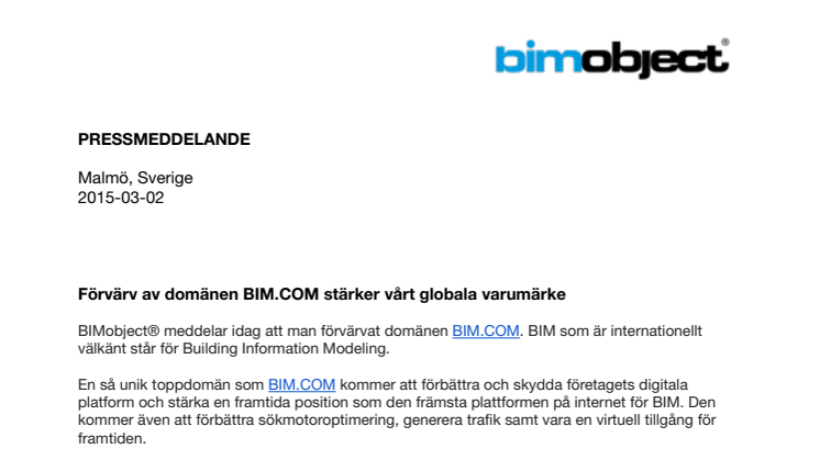 Förvärv av domänen BIM.COM stärker vårt globala varumärke