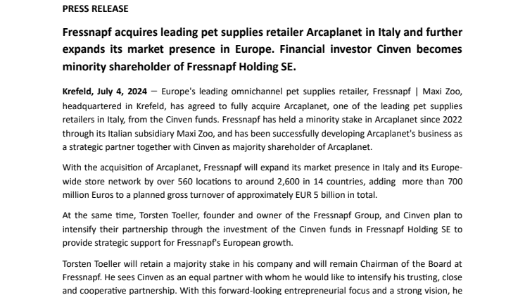 240704_press release - Fressnapf acquires Arcaplanet. Cinven becomes minority shareholder of Fressnapf Holding SE.pdf