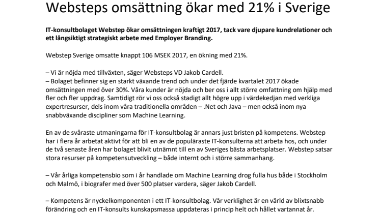 Websteps omsättning ökar med 21% i Sverige