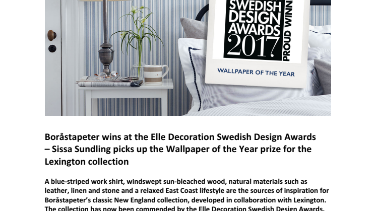  Boråstapeter wins at the Elle Decoration Swedish Design Awards – Sissa Sundling picks up the Wallpaper of the Year prize for the Lexington collection