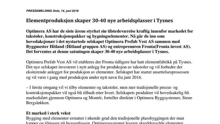 Elementproduksjon skaper 30-40 nye arbeidsplasser i Tysnes