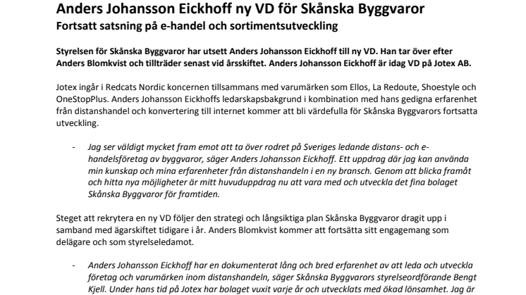 Anders Johansson Eickhoff ny VD för Skånska Byggvaror