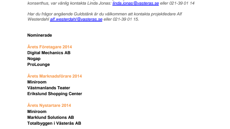 De nominerade till Västerås näringslivsgala Guldstänk är utsedda