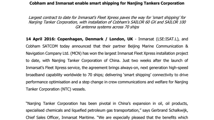 Cobham SATCOM: Cobham and Inmarsat Enable Smart Shipping for Nanjing Tankers Corporation