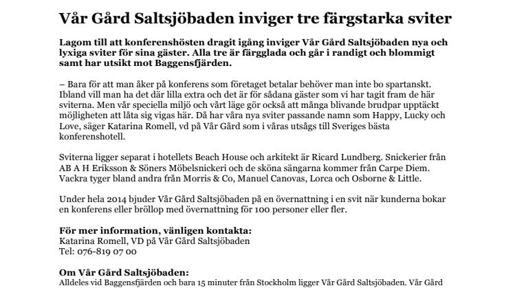 Vår Gård Saltsjöbaden inviger tre färgstarka sviter