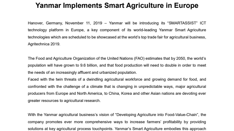 Yanmar Implements Smart Agriculture in Europe