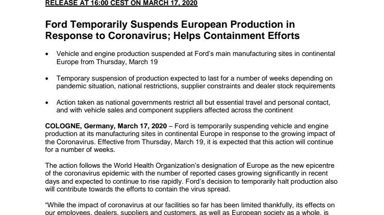 Ford Temporarily Suspends European Production in Response to Coronavirus; Helps Containment Efforts