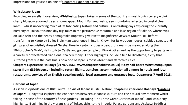 CHAPTERS EXPERIENCE HOLIDAYS BRING TO LIFE ‘JAPAN SEASON’