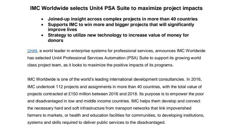 IMC Worldwide maximerar effektiviteten med Unit4s PSA Suite 