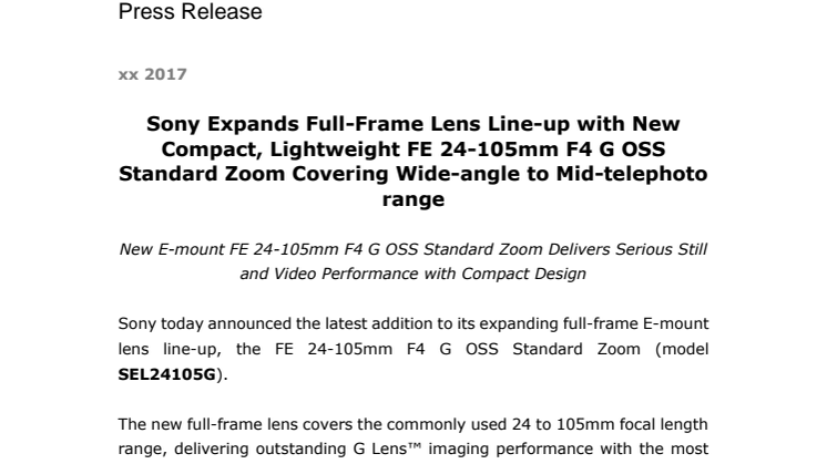 Sony udvider serien af fuldformatkameraer med nyt, kompakt FE 24-105mm F4 G OSS standard zoomobjektiv, der dækker fra vidvinkel til mellem-telefoto
