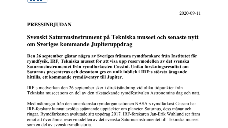PRESSINBJUDAN_ Svenskt Saturnusinstrument på Tekniska museet och senaste nytt om Sveriges kommande Jupiteruppdrag  .pdf