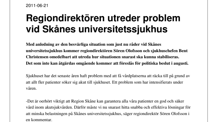 Regiondirektören utreder problem vid Skånes universitetssjukhus