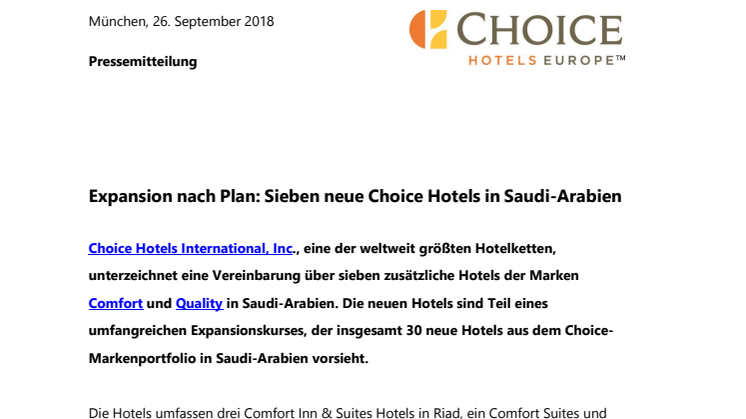 Expansion nach Plan: Sieben neue Choice Hotels in Saudi-Arabien