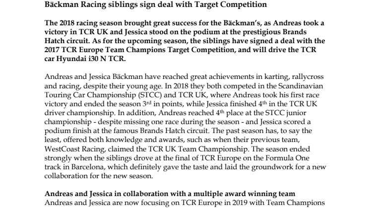 Bäckman Racing siblings sign deal with Target Competition