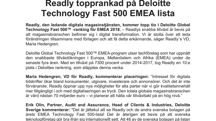 Readly topprankad på Deloitte Technology Fast 500 EMEA lista