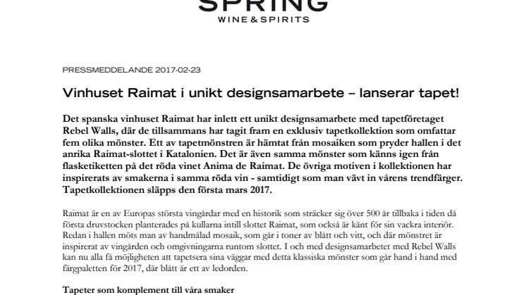 Vinhuset Raimat i unikt designsamarbete – lanserar tapet!
