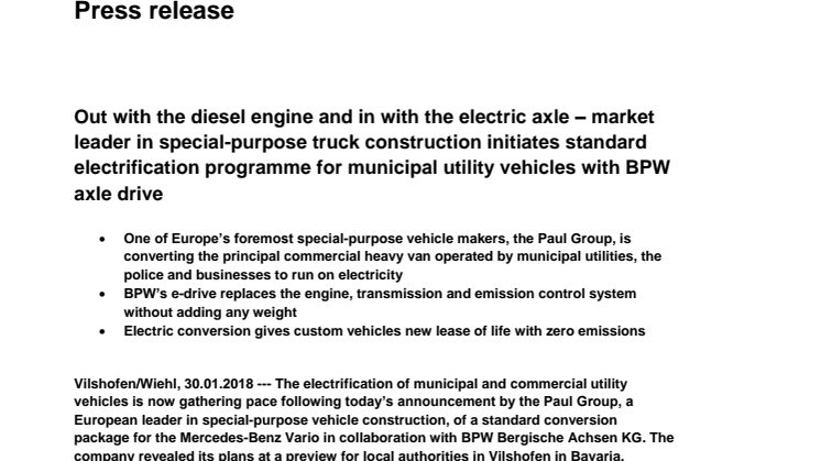 Out with the diesel engine and in with the electric axle – market leader in special-purpose truck construction initiates standard electrification programme for municipal utility vehicles with BPW axle drive