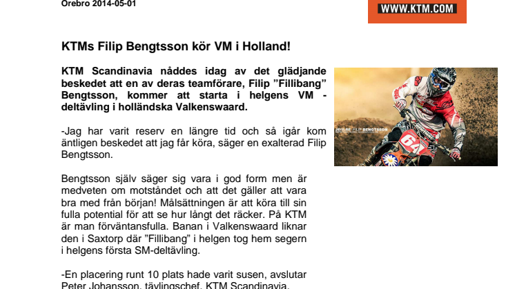 KTMs Filip Bengtsson kör VM i Holland!