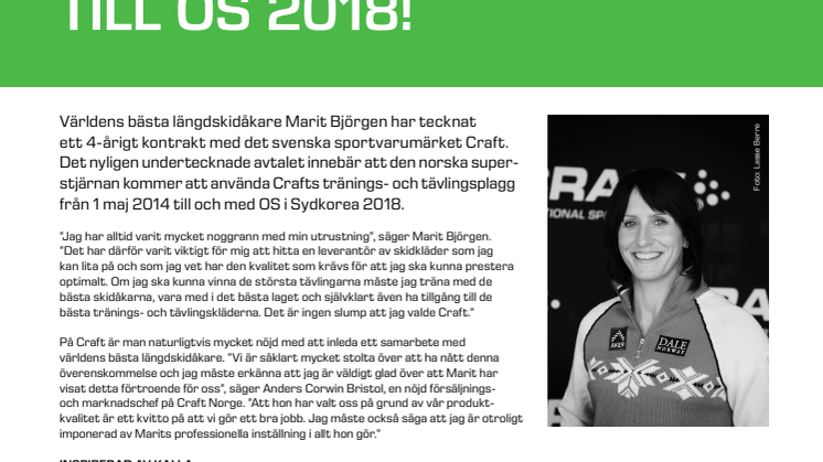 Marit Björgen och Craft i samarbete till OS 2018
