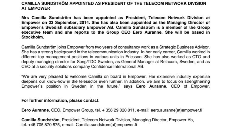 CAMILLA SUNDSTRÖM APPOINTED AS PRESIDENT OF THE TELECOM NETWORK DIVISION AT EMPOWER