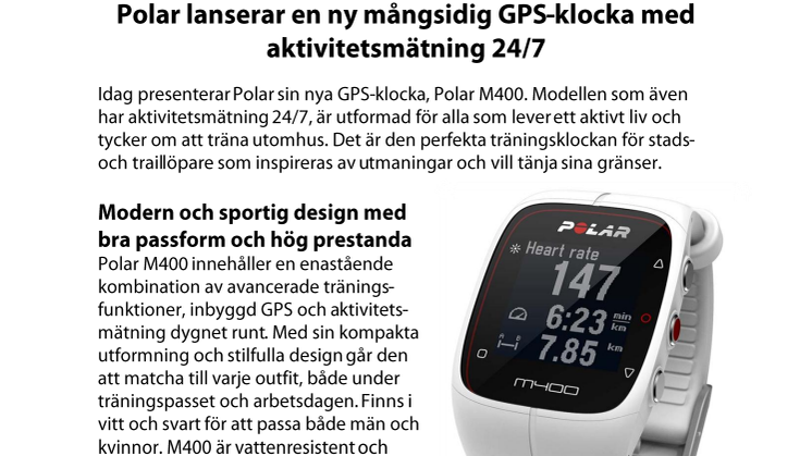 Polar lanserar en ny mångsidig GPS-klocka med aktivitetsmätning 24/7