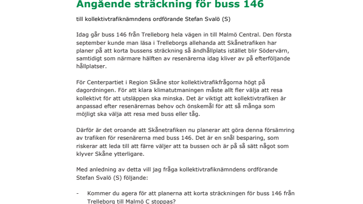 Fråga angående sträckning för buss 146
