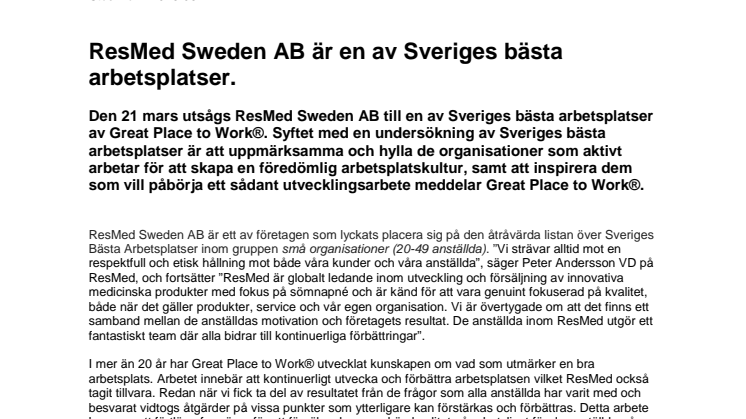 ResMed Sweden AB är en av Sveriges bästa arbetsplatser